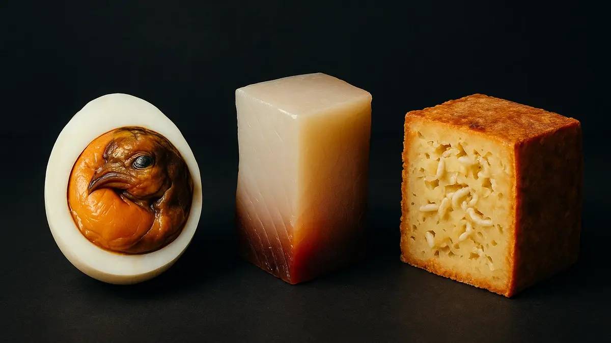 Collezione di cibi strani nel mondo Balut Hákarl Casu Marzu