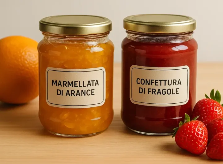 Composizione didattica che mostra un vasetto di marmellata di arance accanto a un vasetto di confettura