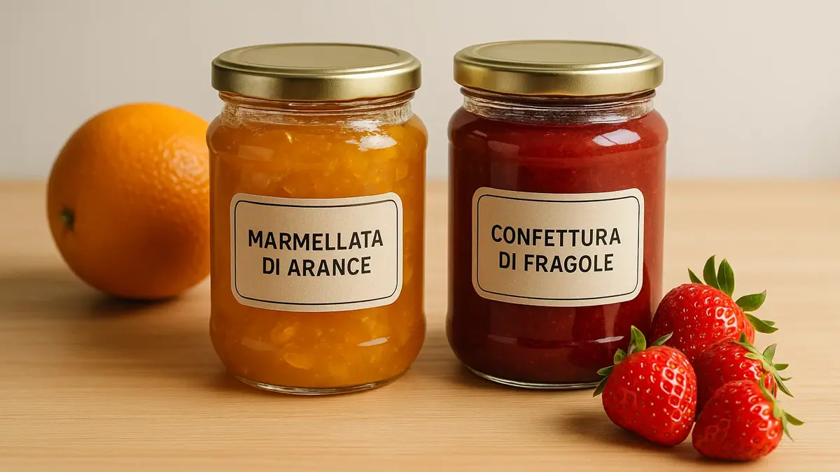 Composizione didattica che mostra un vasetto di marmellata di arance accanto a un vasetto di confettura