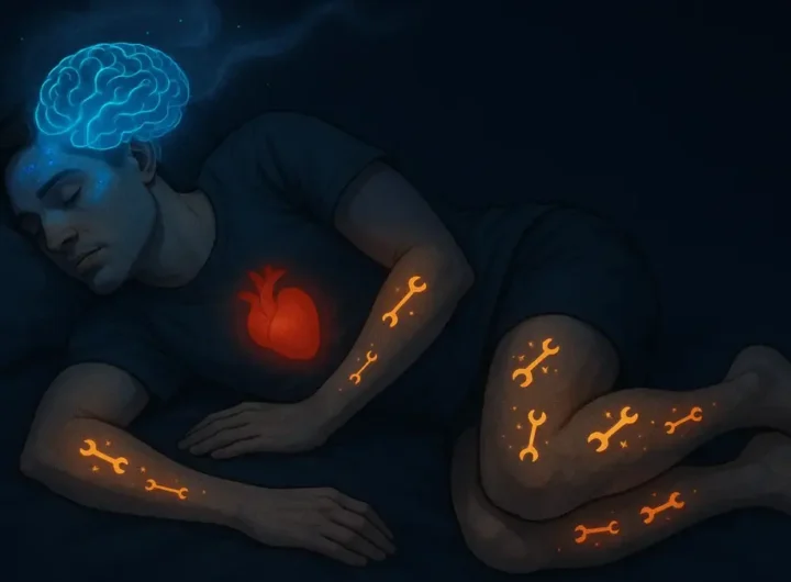 Corpo umano durante il sonno con freccia che mostra calo di temperatura