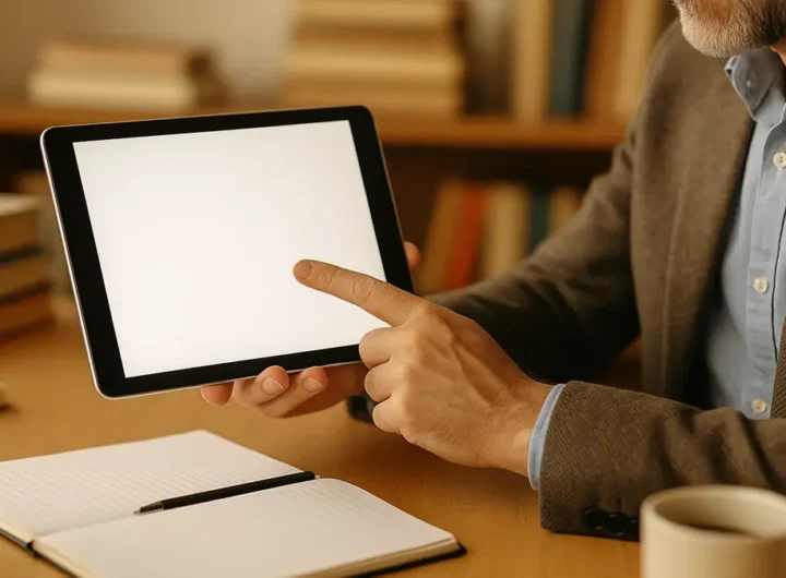 Docente sorridente usa un tablet