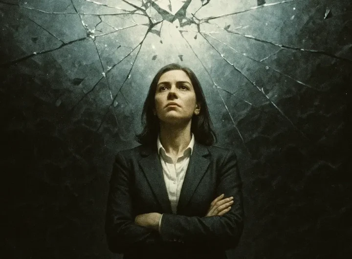 Donna affari che guarda attraverso una crepa in un soffitto di vetro