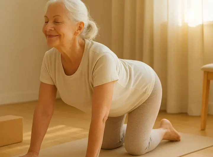 Donna anziana, sorridente esegue la posizione yoga del gatto-mucca