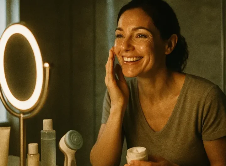 Donna che si prende cura del viso applicando crema anti-età