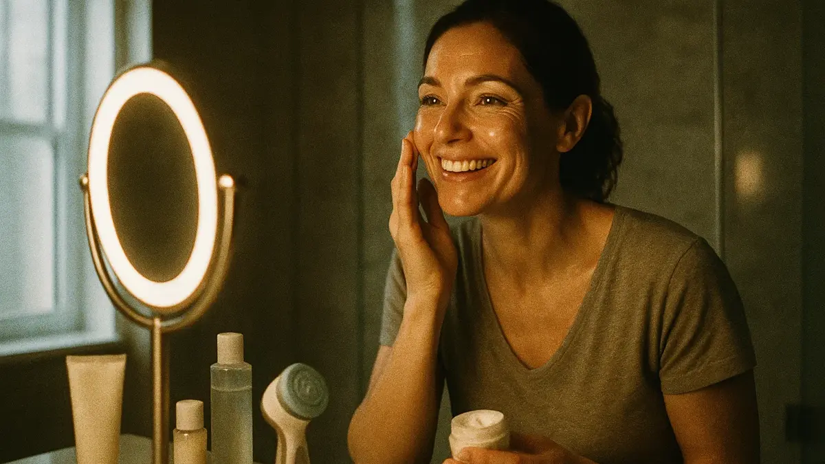 Donna che si prende cura del viso applicando crema anti-età