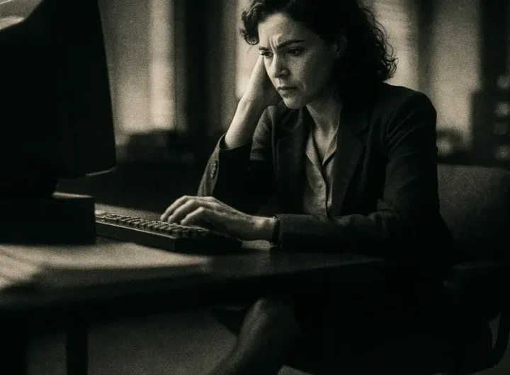 Donna in ambiente di lavoro che muove rapidamente una gamba sotto il tavolo