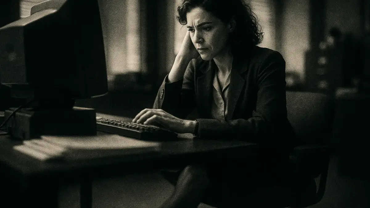 Donna in ambiente di lavoro che muove rapidamente una gamba sotto il tavolo