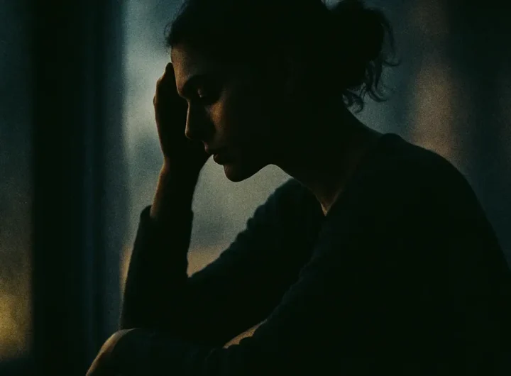 Donna in controluce con la mano sulla testa