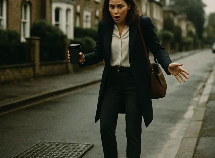 Donna in piedi vicino a uno scarico stradale in una strada urbana di Londra