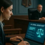 Donna non avvocato che utilizza un laptop o un tablet in un aula di tribunale