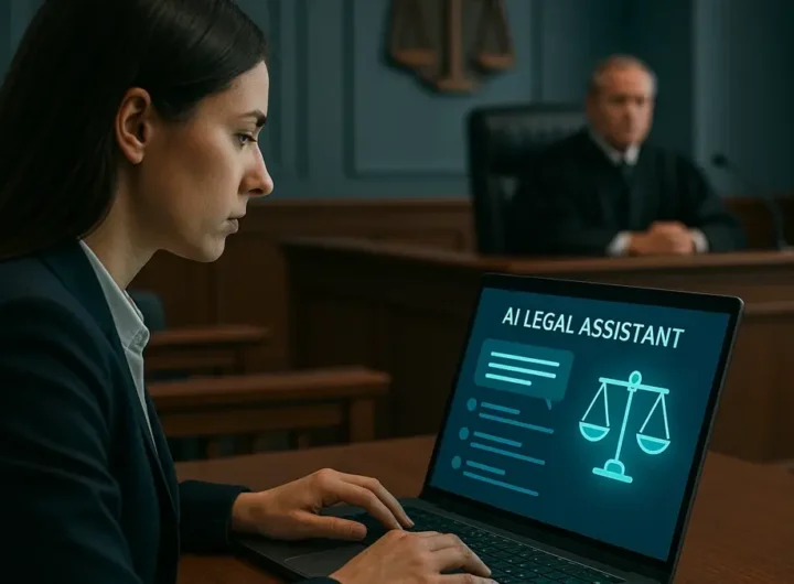 Donna non avvocato che utilizza un laptop o un tablet in un aula di tribunale