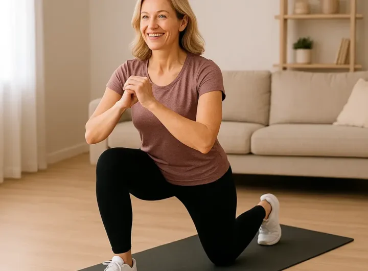 Donna over 40 che esegue uno squat a corpo libero a casa