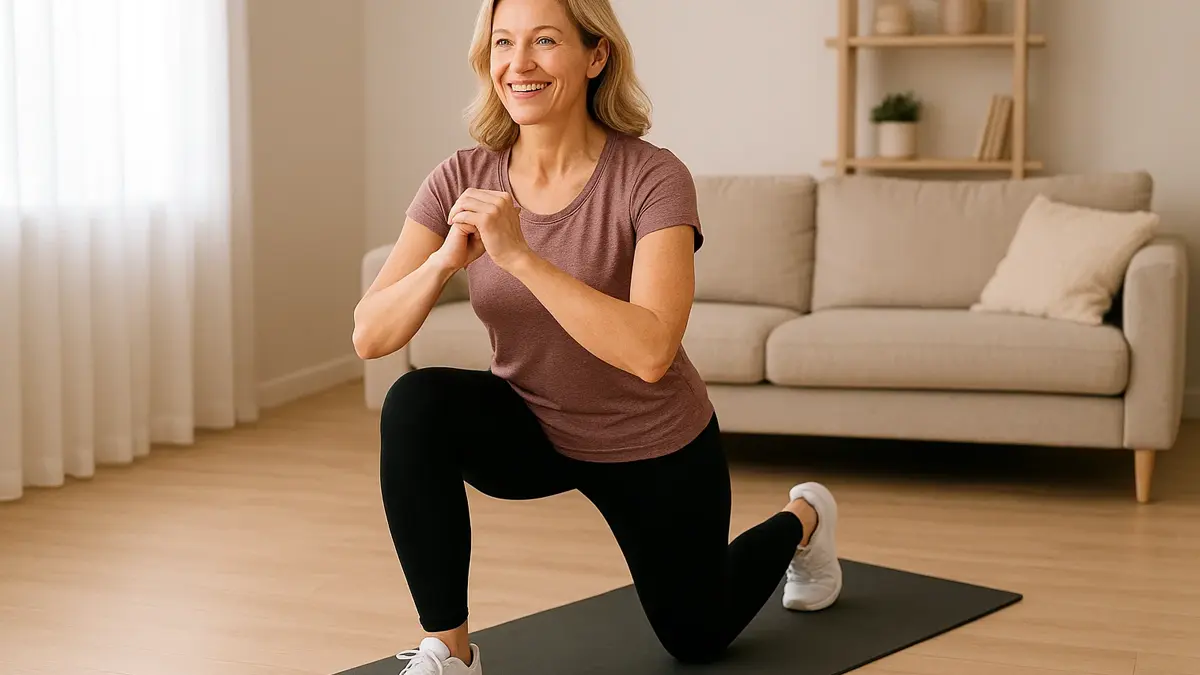 Donna over 40 che esegue uno squat a corpo libero a casa
