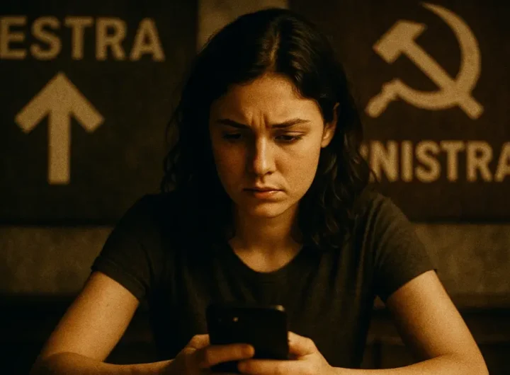 Donna riflette davanti a un cellulare con simboli politici sullo sfondo