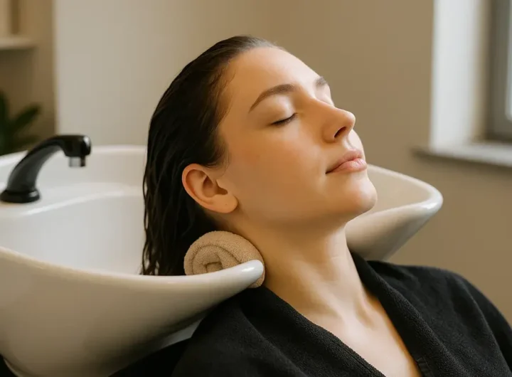 Donna rilassata sul lavatesta con asciugamano arrotolato