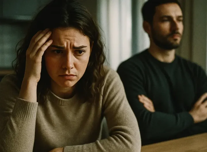 Donna seduta a un tavolo con espressione frustrata