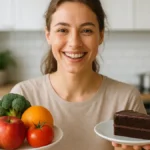 Donna sorridente che prepara un piatto colorato e bilanciato