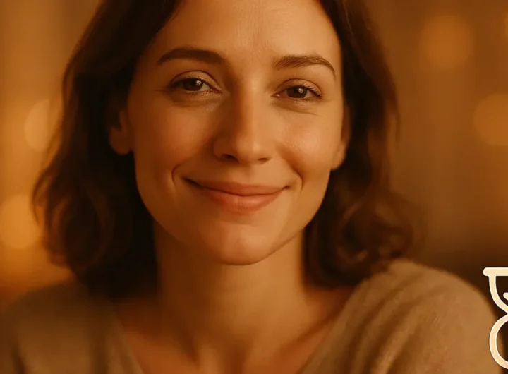 Donna sorridente orologio o timer sullo sfondo