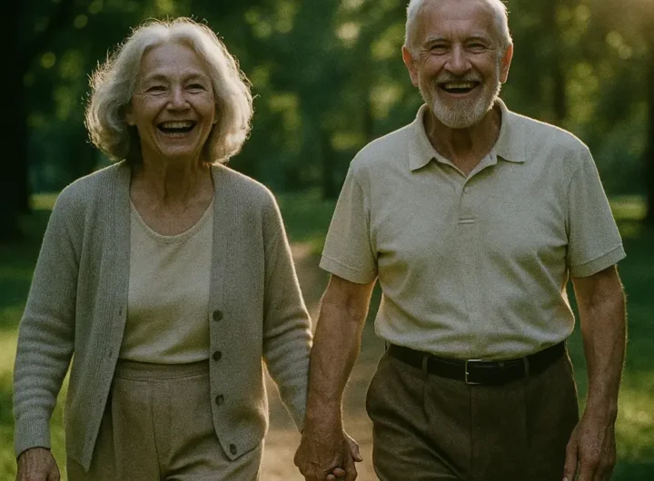 Due anziani un uomo e una donna sorridenti e in salute passeggiano in un parco al tramonto