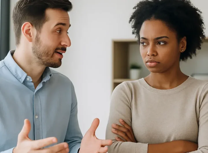 Due persone che interagiscono con posture e gesti contrastanti