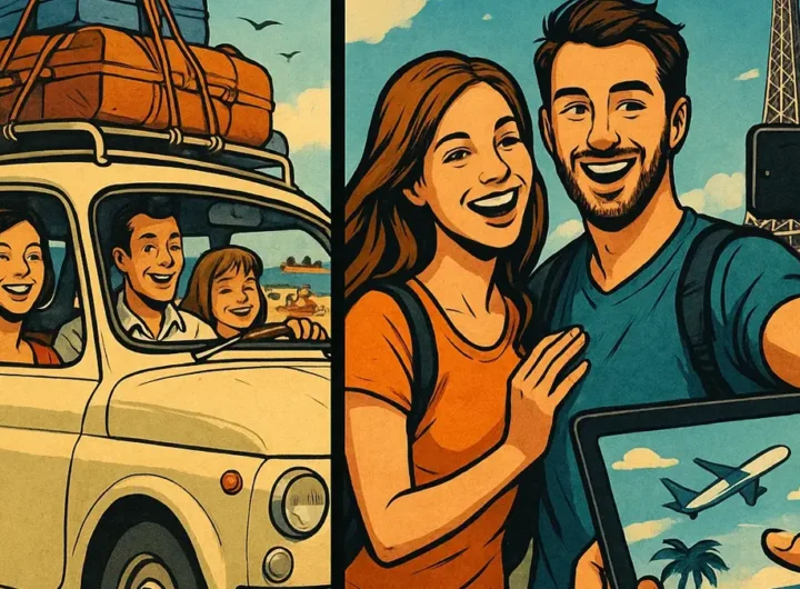 Famiglia italiana in vacanza anni 60 con utilitaria