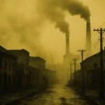 Fumo denso e nebbia tossica su una strada industriale di notte