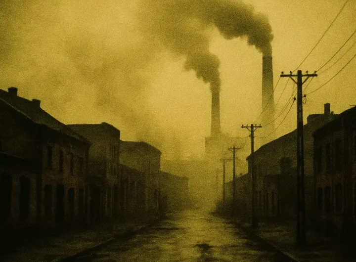Fumo denso e nebbia tossica su una strada industriale di notte