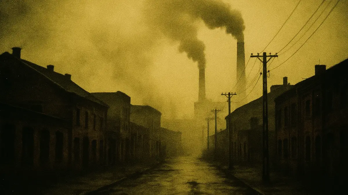Fumo denso e nebbia tossica su una strada industriale di notte