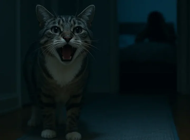 Gatto domestico soriano che miagola di notte in un corridoio buio