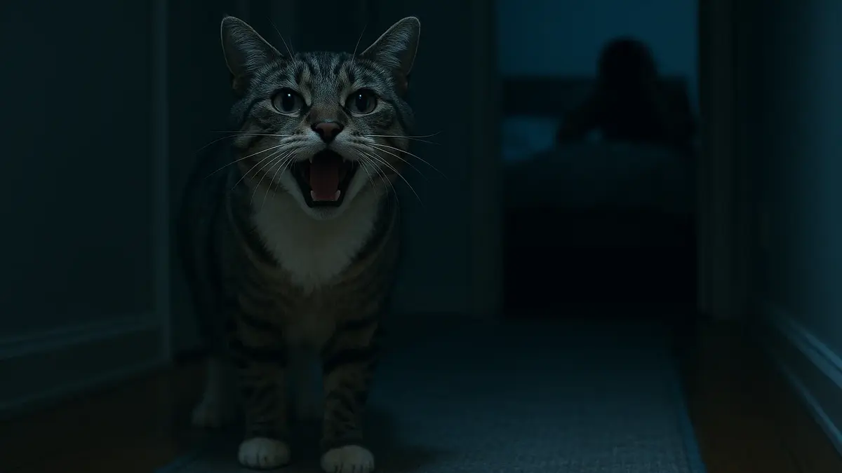 Gatto domestico soriano che miagola di notte in un corridoio buio