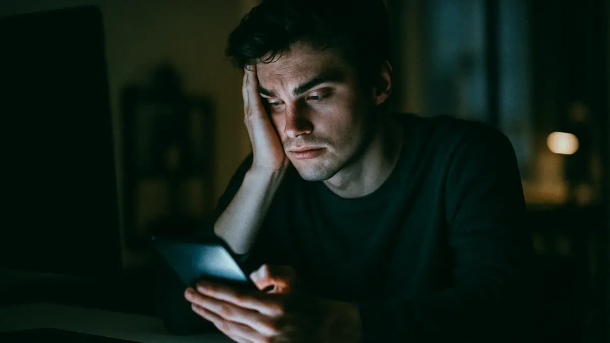 Giovane adulto che guarda uno schermo affollato di notifiche