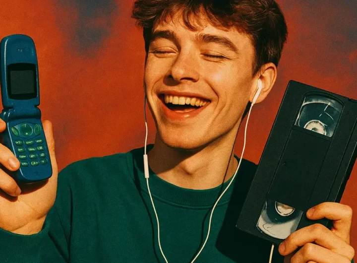 Giovane della Generazione Z sorride scattando una foto con una vecchia fotocamera digitale compatta in stile anni 90