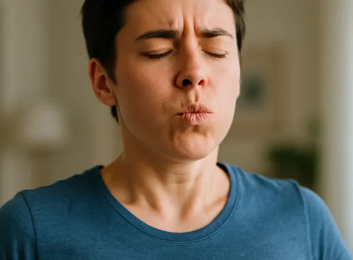 Giovane persona che trattiene il respiro per far passare il singhiozzo