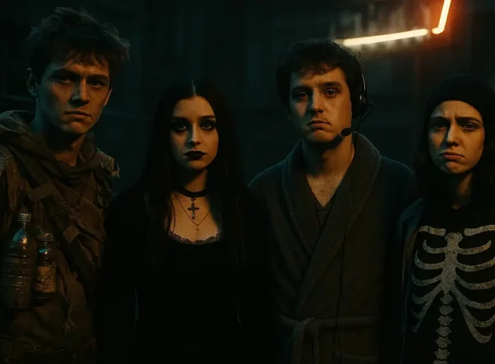 Giovani Gen Z vestiti con costumi post-apocalittici e riciclati