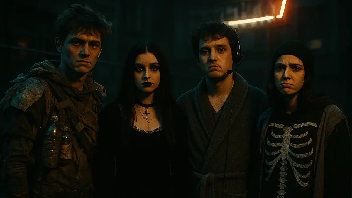 Giovani Gen Z vestiti con costumi post-apocalittici e riciclati