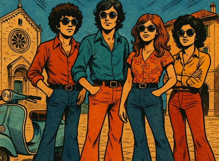 Giovani italiani degli anni 70 con abiti psichedelici