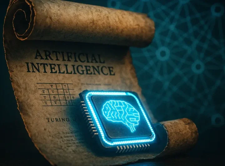 Grafica concettuale che unisce storia e futuro Intelligenza Artificiale