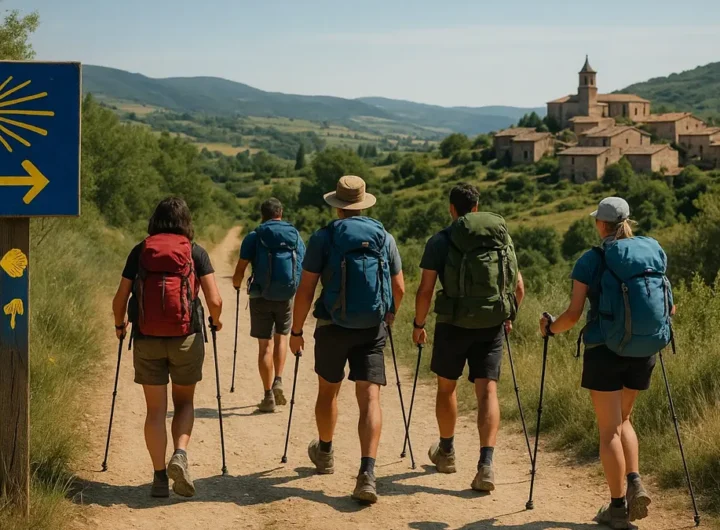 Gruppo di pellegrini in cammino su un sentiero alberato del Camino Francés