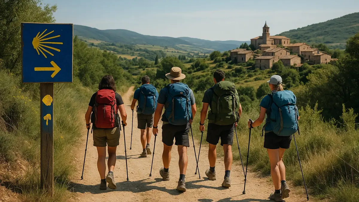 Gruppo di pellegrini in cammino su un sentiero alberato del Camino Francés