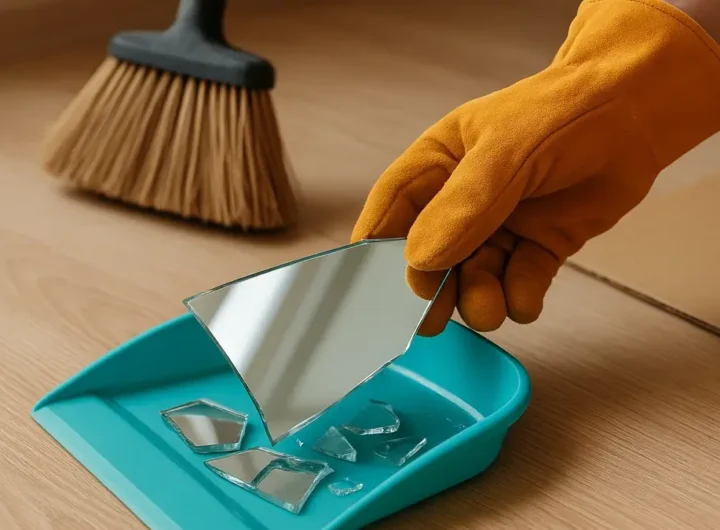 Guanti protettivi e scopa che raccolgono grandi pezzi rotti di uno specchio caduto