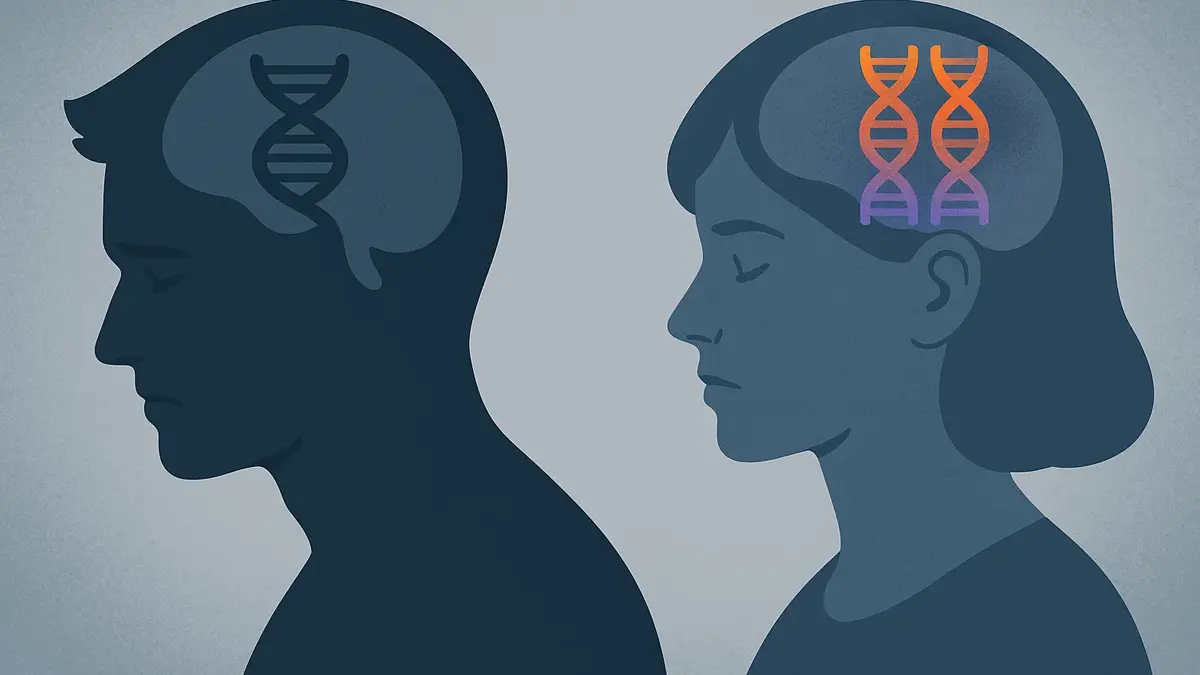 Illustrazione astratta di un cervello con schemi genetici sovrapposti