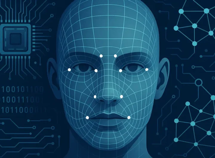 Illustrazione concettuale del riconoscimento facciale con volto umano