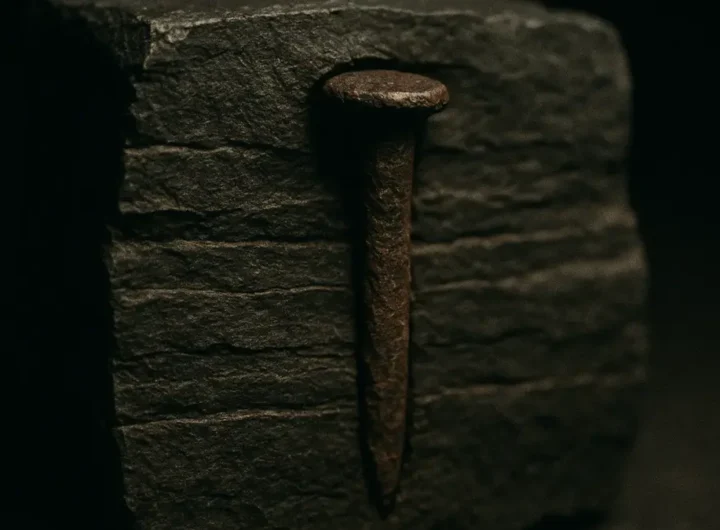 Illustrazione di un ingranaggio metallico incastonato in un antico strato roccioso