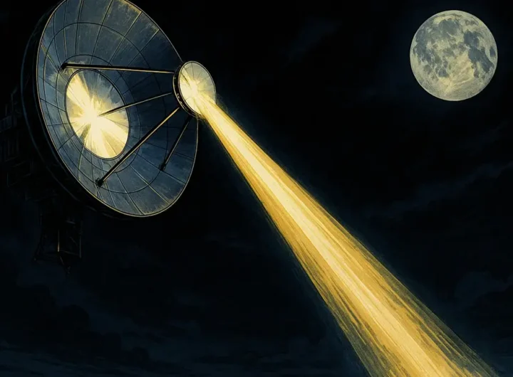 Illustrazione di uno specchio satellite gigante in orbita che riflette la luce