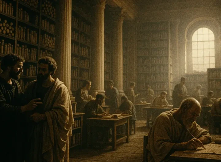 Illustrazione storica della Biblioteca di Alessandria con rotoli