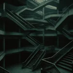 Illustrazione surreale e labirintica di un centro commerciale vuoto