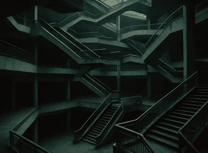 Illustrazione surreale e labirintica di un centro commerciale vuoto