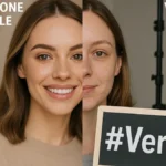 Influencer sorridente diviso tra immagine filtrata e aspetto autentico