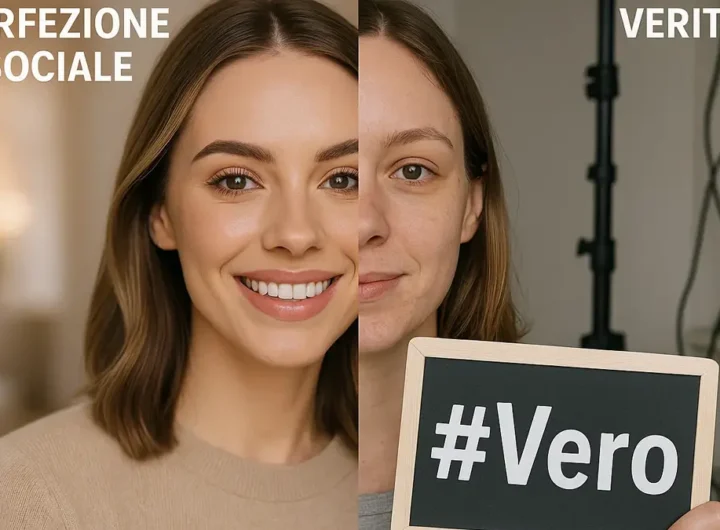 Influencer sorridente diviso tra immagine filtrata e aspetto autentico