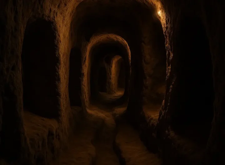 Ingresso stretto e cunicolo della città sotterranea di Derinkuyu in Cappadocia